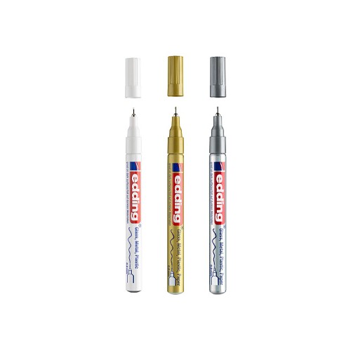 Marcador Permanente Fino 3 Cores 0,8mm Edding 780 - Branco / Ouro / Prata