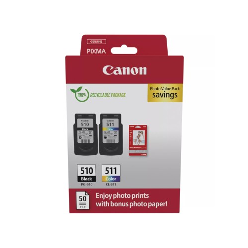 Pack Tinteiros Canon 510 / 511 Preto/ Cor 9ml (2970B017, PG510, CL511) + Papel